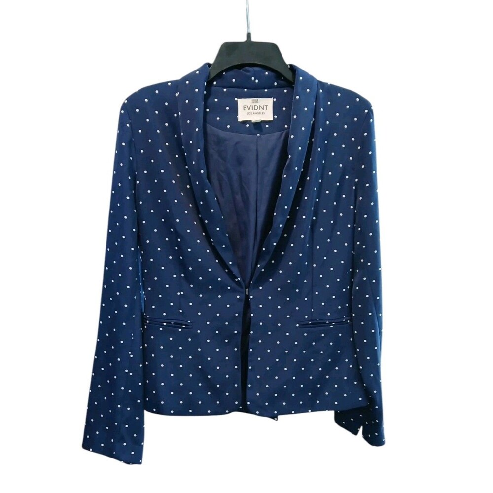Evidnt Blue White Polka-dot Blazer Silky Size Small Lined Shawl Collar Pleated